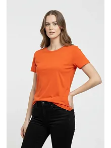 Kadın T-shirt Bisiklet Yaka Slim Fit Likralı Tişört Günlük Basic Body - Turuncu
