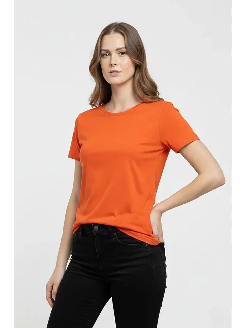 Kadın T-shirt Bisiklet Yaka Slim Fit Likralı Tişört Günlük Basic Body - Turuncu