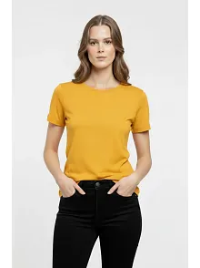Kadın T-shirt Bisiklet Yaka Slim Fit Likralı Tişört Günlük Basic Body - Sarı