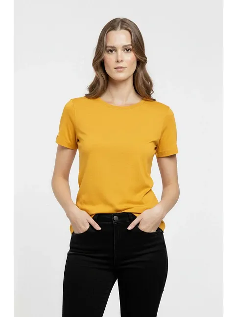 Kadın T-shirt Bisiklet Yaka Slim Fit Likralı Tişört Günlük Basic Body - Sarı