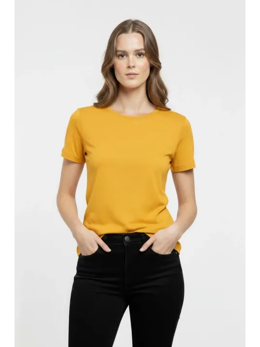 Kadın T-shirt Bisiklet Yaka Slim Fit Likralı Tişört Günlük Basic Body - Sarı