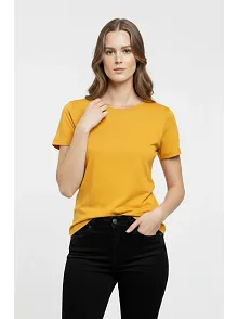Kadın T-shirt Bisiklet Yaka Slim Fit Likralı Tişört Günlük Basic Body - Sarı