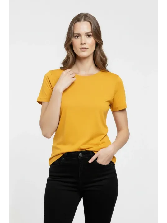 Kadın T-shirt Bisiklet Yaka Slim Fit Likralı Tişört Günlük Basic Body - Sarı