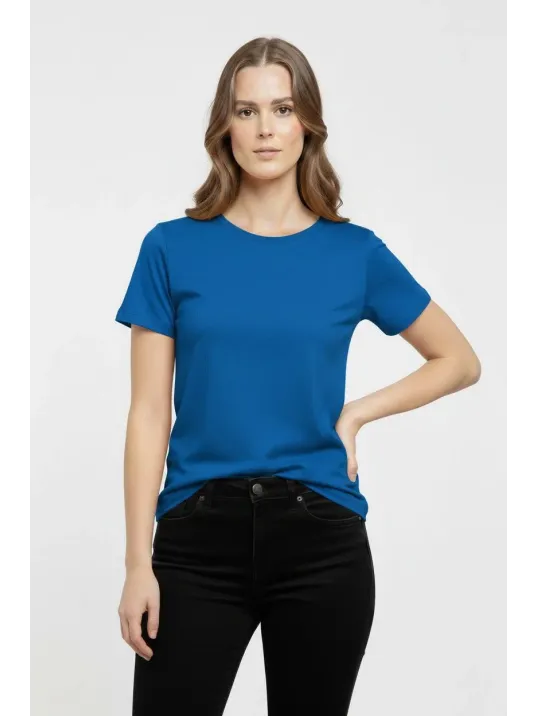 Kadın T-shirt Bisiklet Yaka Slim Fit Likralı Tişört Günlük Basic Body - İndigo