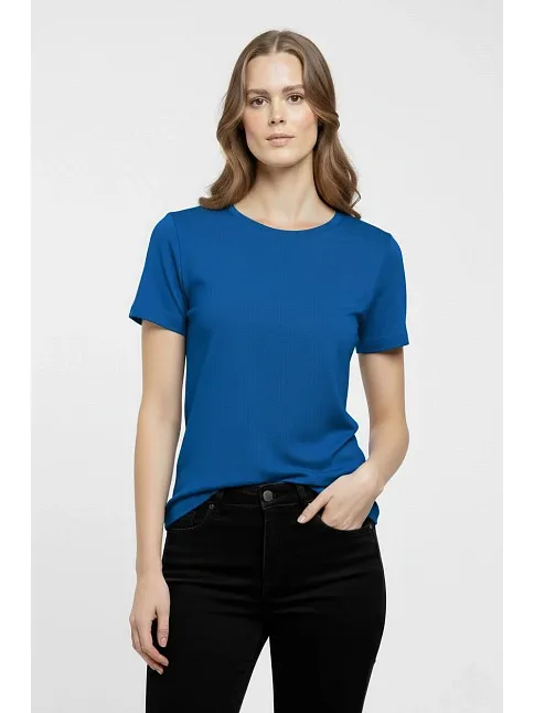 Kadın T-shirt Bisiklet Yaka Slim Fit Likralı Tişört Günlük Basic Body - İndigo
