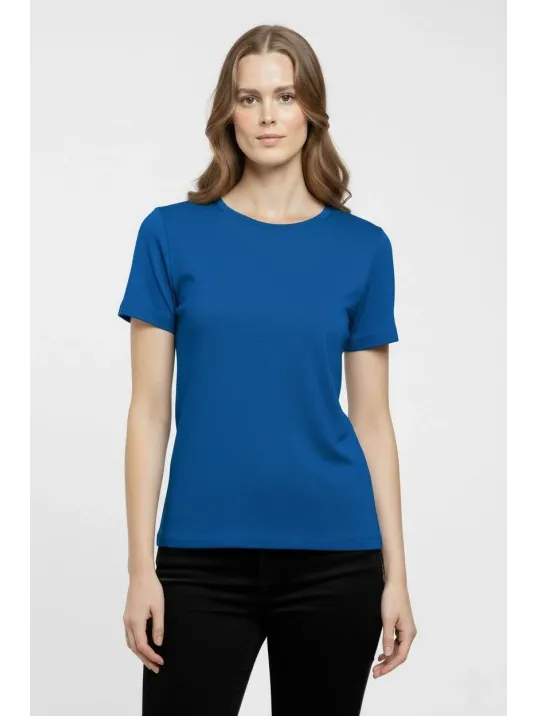 Kadın T-shirt Bisiklet Yaka Slim Fit Likralı Tişört Günlük Basic Body - İndigo