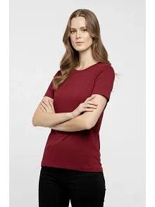 Kadın T-shirt Bisiklet Yaka Slim Fit Likralı Tişört Günlük Basic Body - Bordo
