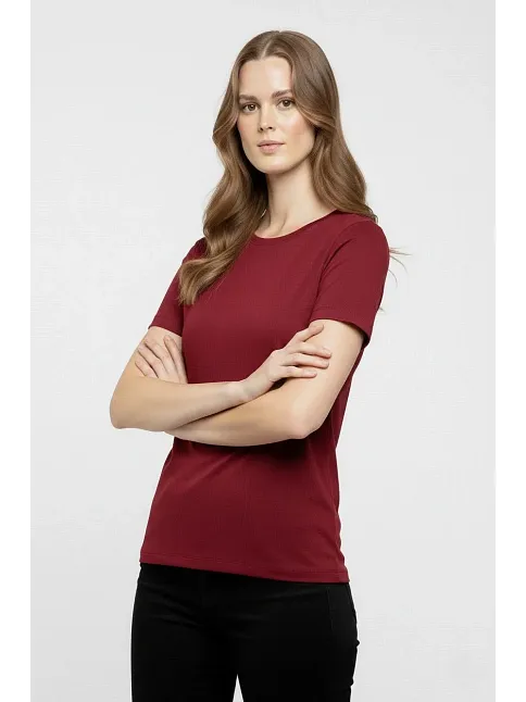 Kadın T-shirt Bisiklet Yaka Slim Fit Likralı Tişört Günlük Basic Body - Bordo