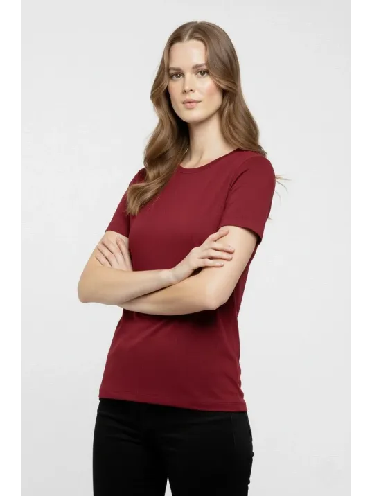 Kadın T-shirt Bisiklet Yaka Slim Fit Likralı Tişört Günlük Basic Body - Bordo