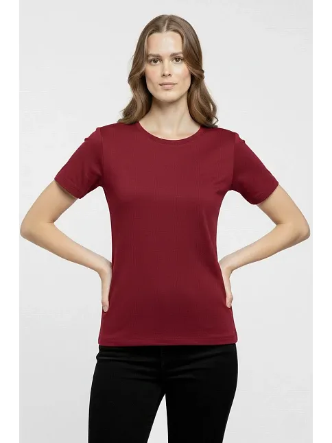 Kadın T-shirt Bisiklet Yaka Slim Fit Likralı Tişört Günlük Basic Body - Bordo