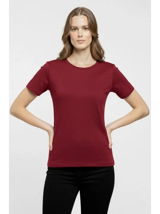 Kadın T-shirt Bisiklet Yaka Slim Fit Likralı Tişört Günlük Basic Body - Bordo
