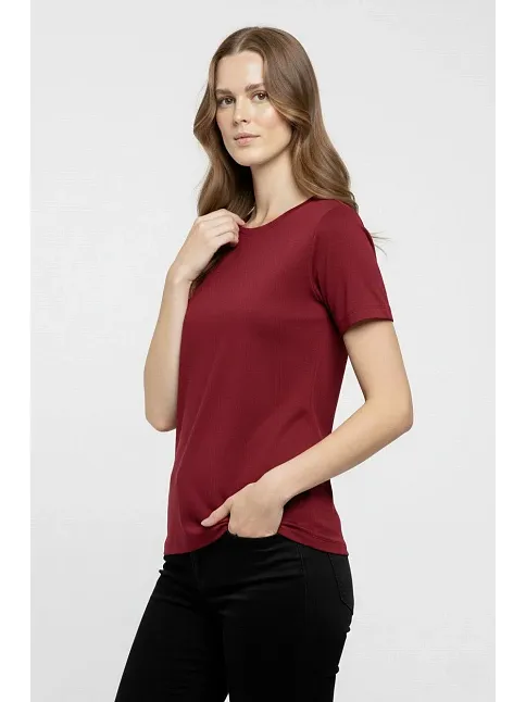 Kadın T-shirt Bisiklet Yaka Slim Fit Likralı Tişört Günlük Basic Body - Bordo