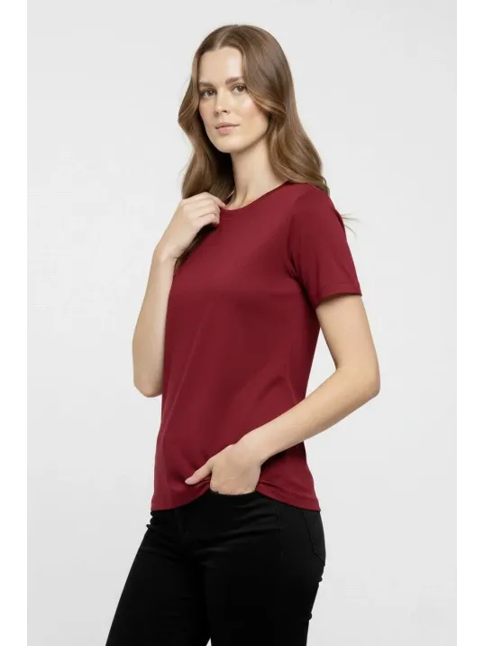 Kadın T-shirt Bisiklet Yaka Slim Fit Likralı Tişört Günlük Basic Body - Bordo