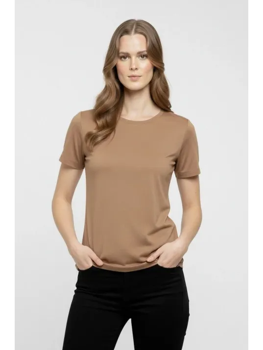 Kadın T-shirt Bisiklet Yaka Slim Fit Likralı Tişört Günlük Basic Body - Kahverengi