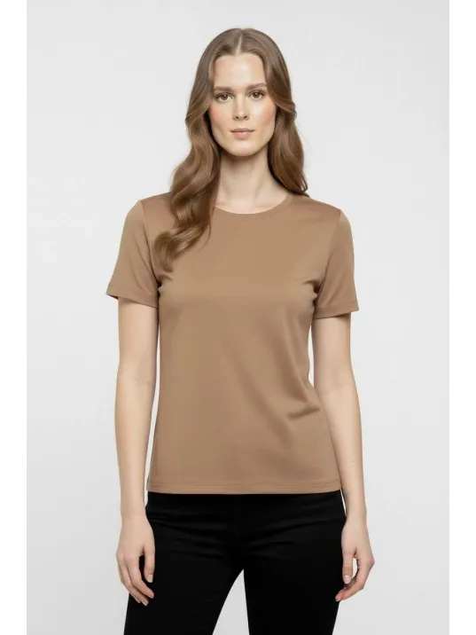 Kadın T-shirt Bisiklet Yaka Slim Fit Likralı Tişört Günlük Basic Body - Kahverengi