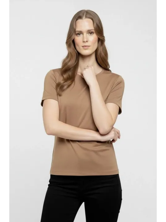 Kadın T-shirt Bisiklet Yaka Slim Fit Likralı Tişört Günlük Basic Body - Kahverengi
