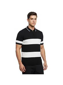 Erkek T-shirt Çizgili Triko Dokuma Kumaş Polo Yaka Yarım Fermuarlı Regular Kalıp Tişört - Siyah