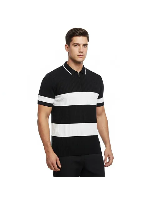 Erkek T-shirt Çizgili Triko Dokuma Kumaş Polo Yaka Yarım Fermuarlı Regular Kalıp Tişört - Siyah
