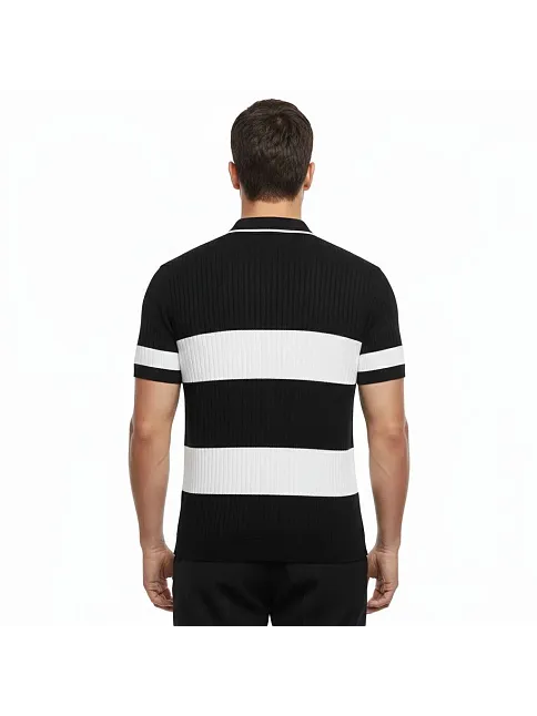 Erkek T-shirt Çizgili Triko Dokuma Kumaş Polo Yaka Yarım Fermuarlı Regular Kalıp Tişört - Siyah
