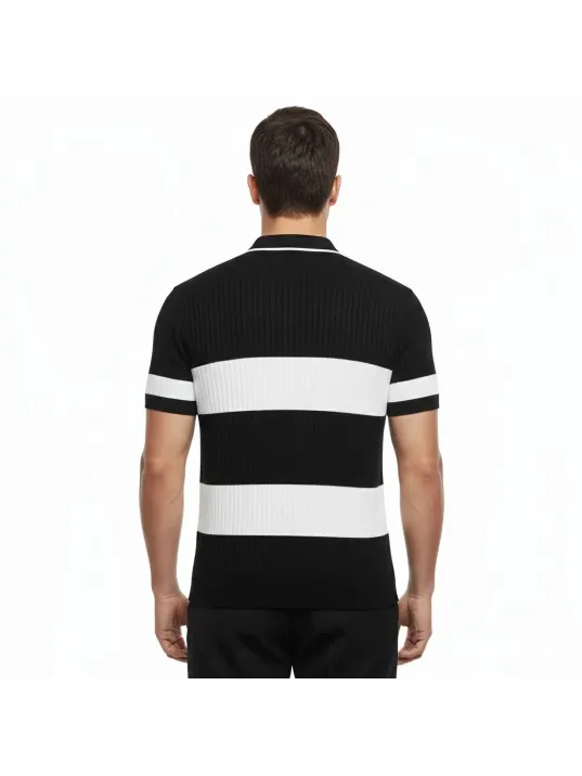 Erkek T-shirt Çizgili Triko Dokuma Kumaş Polo Yaka Yarım Fermuarlı Regular Kalıp Tişört - Siyah Erkek T-shirt Çizgili Triko Dokuma Kumaş Polo Yaka Yarım Fermuarlı Regular Kalıp Tişört - Siyah