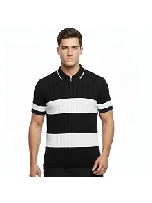Erkek T-shirt Çizgili Triko Dokuma Kumaş Polo Yaka Yarım Fermuarlı Regular Kalıp Tişört - Siyah