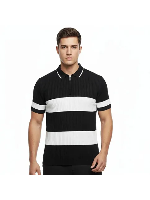 Erkek T-shirt Çizgili Triko Dokuma Kumaş Polo Yaka Yarım Fermuarlı Regular Kalıp Tişört - Siyah