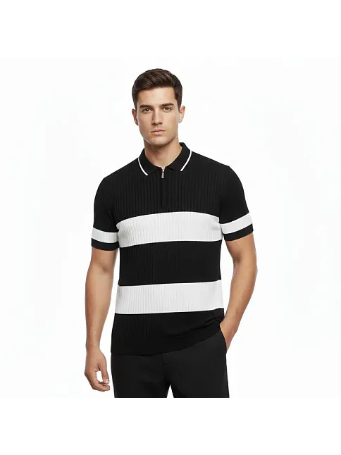 Erkek T-shirt Çizgili Triko Dokuma Kumaş Polo Yaka Yarım Fermuarlı Regular Kalıp Tişört - Siyah