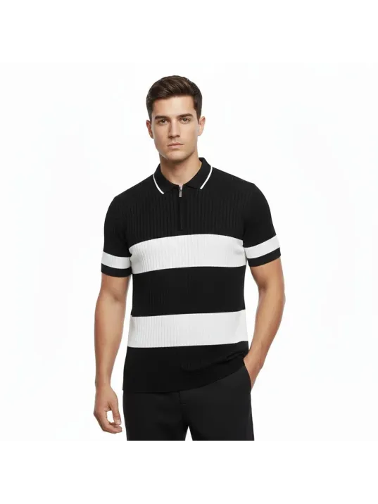 Erkek T-shirt Çizgili Triko Dokuma Kumaş Polo Yaka Yarım Fermuarlı Regular Kalıp Tişört - Siyah Erkek T-shirt Çizgili Triko Dokuma Kumaş Polo Yaka Yarım Fermuarlı Regular Kalıp Tişört - Siyah