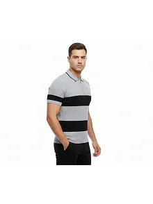 Erkek T-shirt Çizgili Triko Dokuma Kumaş Polo Yaka Yarım Fermuarlı Regular Kalıp Tişört - Gri
