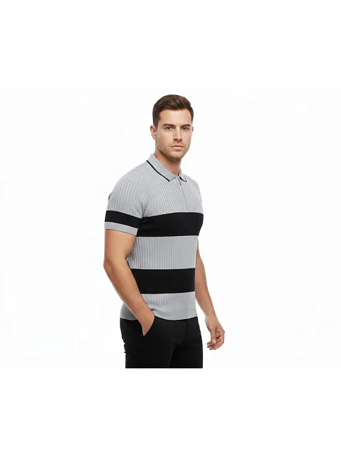 Erkek T-shirt Çizgili Triko Dokuma Kumaş Polo Yaka Yarım Fermuarlı Regular Kalıp Tişört - Gri