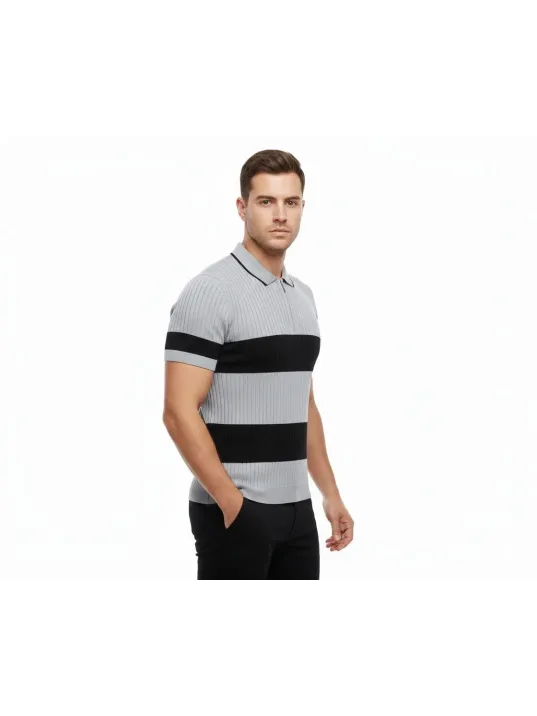 Erkek T-shirt Çizgili Triko Dokuma Kumaş Polo Yaka Yarım Fermuarlı Regular Kalıp Tişört - Gri