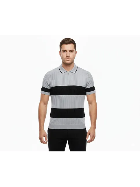 Erkek T-shirt Çizgili Triko Dokuma Kumaş Polo Yaka Yarım Fermuarlı Regular Kalıp Tişört - Gri