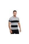 Erkek T-shirt Çizgili Triko Dokuma Kumaş Polo Yaka Yarım Fermuarlı Regular Kalıp Tişört - Gri