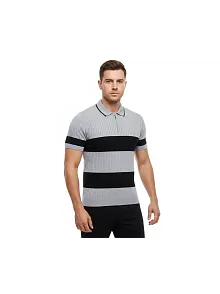 Erkek T-shirt Çizgili Triko Dokuma Kumaş Polo Yaka Yarım Fermuarlı Regular Kalıp Tişört - Gri