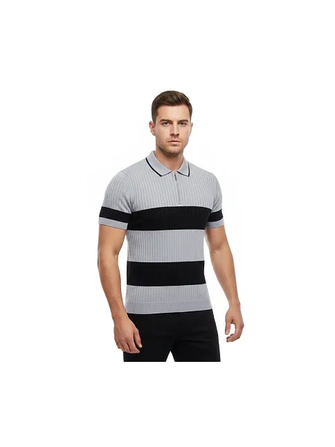 Erkek T-shirt Çizgili Triko Dokuma Kumaş Polo Yaka Yarım Fermuarlı Regular Kalıp Tişört - Gri