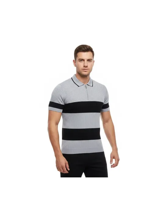 Erkek T-shirt Çizgili Triko Dokuma Kumaş Polo Yaka Yarım Fermuarlı Regular Kalıp Tişört - Gri