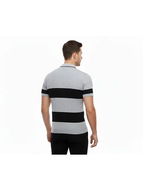 Erkek T-shirt Çizgili Triko Dokuma Kumaş Polo Yaka Yarım Fermuarlı Regular Kalıp Tişört - Gri