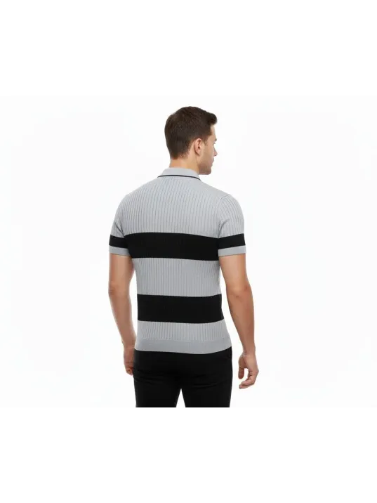 Erkek T-shirt Çizgili Triko Dokuma Kumaş Polo Yaka Yarım Fermuarlı Regular Kalıp Tişört - Gri