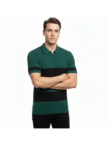 Erkek T-shirt Çizgili Triko Dokuma Kumaş Polo Yaka Yarım Fermuarlı Regular Kalıp Tişört - Çağla Yeşili