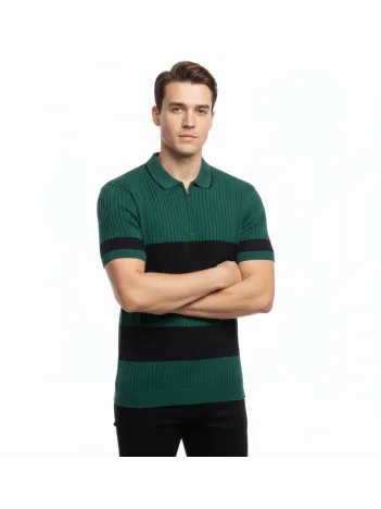 Erkek T-shirt Çizgili Triko Dokuma Kumaş Polo Yaka Yarım Fermuarlı Regular Kalıp Tişört - Çağla Yeşili