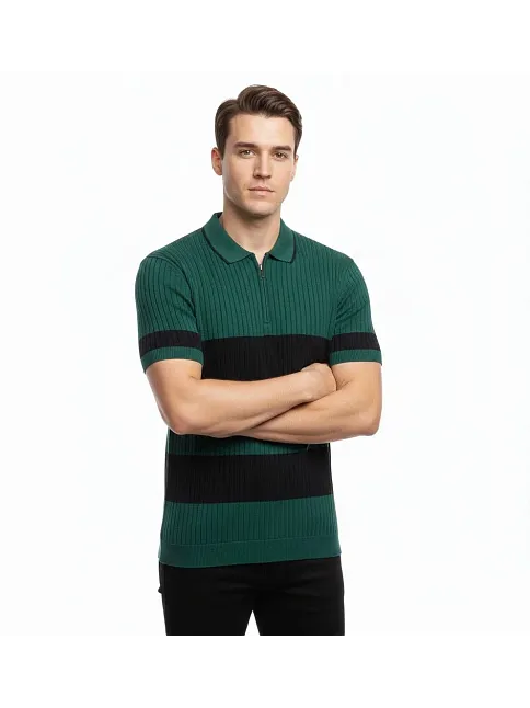 Erkek T-shirt Çizgili Triko Dokuma Kumaş Polo Yaka Yarım Fermuarlı Regular Kalıp Tişört - Çağla Yeşili