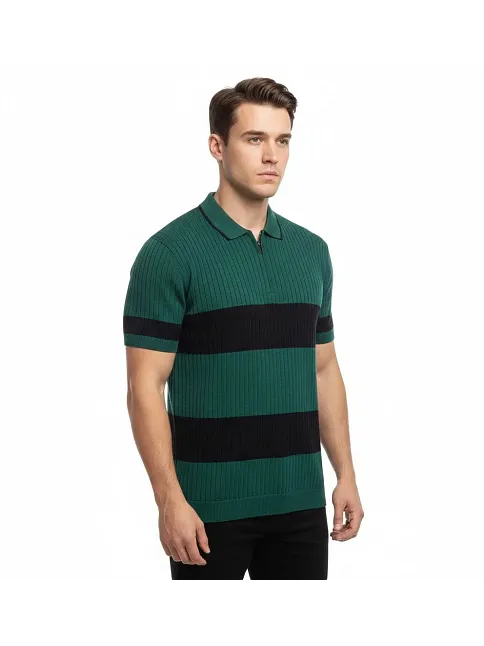 Erkek T-shirt Çizgili Triko Dokuma Kumaş Polo Yaka Yarım Fermuarlı Regular Kalıp Tişört - Çağla Yeşili