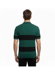 Erkek T-shirt Çizgili Triko Dokuma Kumaş Polo Yaka Yarım Fermuarlı Regular Kalıp Tişört - Çağla Yeşili