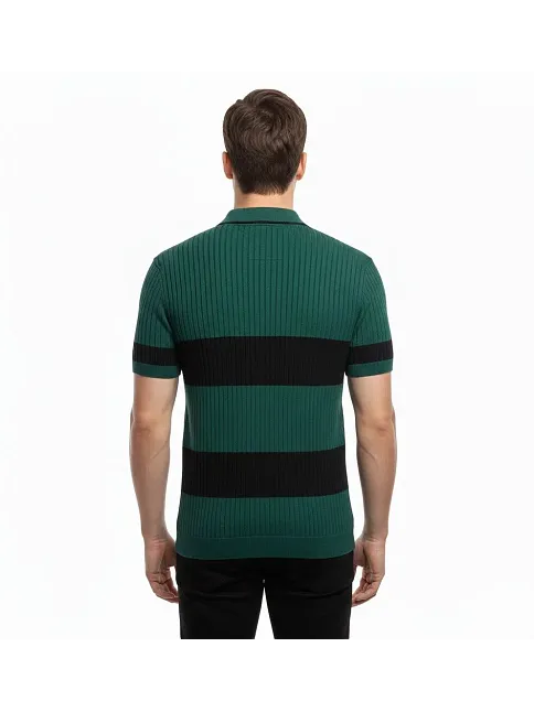 Erkek T-shirt Çizgili Triko Dokuma Kumaş Polo Yaka Yarım Fermuarlı Regular Kalıp Tişört - Çağla Yeşili