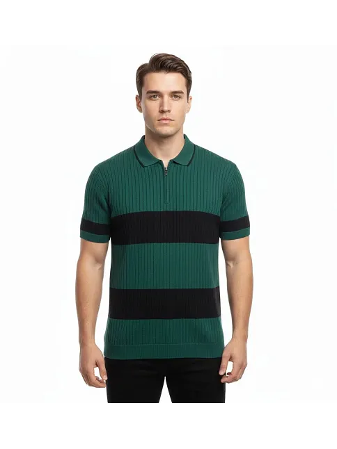 Erkek T-shirt Çizgili Triko Dokuma Kumaş Polo Yaka Yarım Fermuarlı Regular Kalıp Tişört - Çağla Yeşili