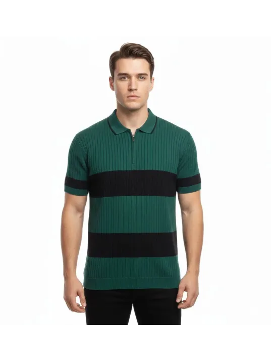 Erkek T-shirt Çizgili Triko Dokuma Kumaş Polo Yaka Yarım Fermuarlı Regular Kalıp Tişört - Çağla Yeşili