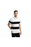 Erkek T-shirt Çizgili Triko Dokuma Kumaş Polo Yaka Yarım Fermuarlı Regular Kalıp Tişört - Beyaz