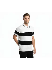 Erkek T-shirt Çizgili Triko Dokuma Kumaş Polo Yaka Yarım Fermuarlı Regular Kalıp Tişört - Beyaz