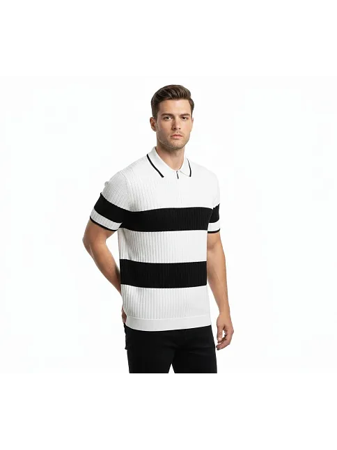 Erkek T-shirt Çizgili Triko Dokuma Kumaş Polo Yaka Yarım Fermuarlı Regular Kalıp Tişört - Beyaz