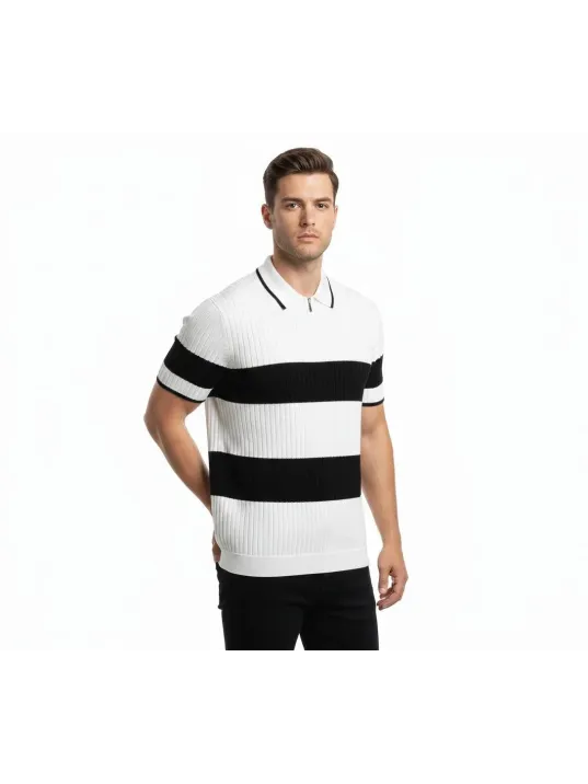 Erkek T-shirt Çizgili Triko Dokuma Kumaş Polo Yaka Yarım Fermuarlı Regular Kalıp Tişört - Beyaz